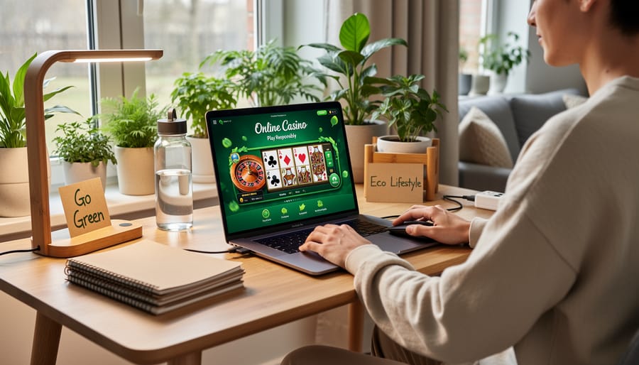 Person enjoying online entertainment at a laptop beside a potted plant and reusable water bottle