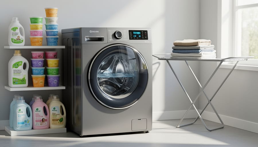 Eco detergent measuring cup beside a front-load washing machine