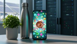 A modern smartphone with an abstract gaming glow beside a potted plant and eco-friendly items, with a softly blurred hint of server-room and solar-panel context in the background.