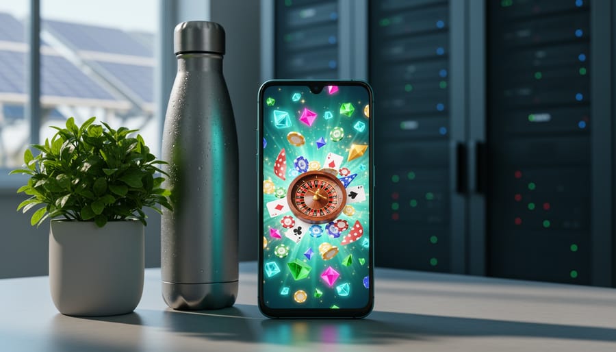 A modern smartphone with an abstract gaming glow beside a potted plant and eco-friendly items, with a softly blurred hint of server-room and solar-panel context in the background.