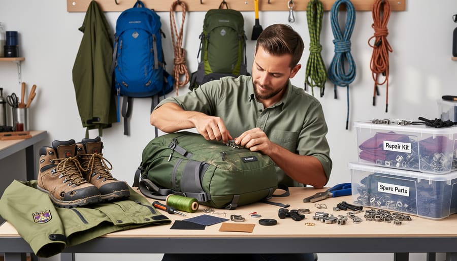 Hands sewing a small seam on a hiking backpack strap during a repair session