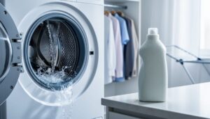 “Cold water swirling from an open washing machine with a plant-based detergent bottle beside it in a bright laundry room.”