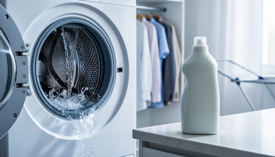 “Cold water swirling from an open washing machine with a plant-based detergent bottle beside it in a bright laundry room.”