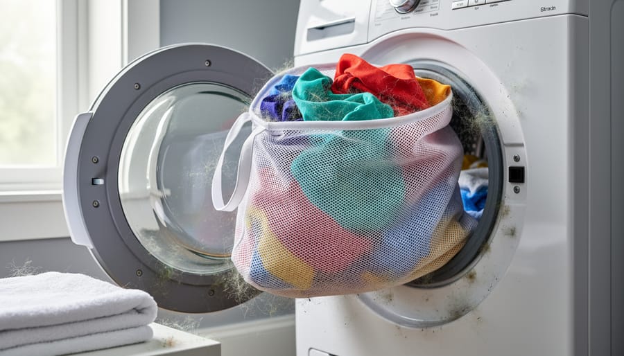 Mesh laundry bag with synthetic fabric fibers spilling onto a towel in a laundry room