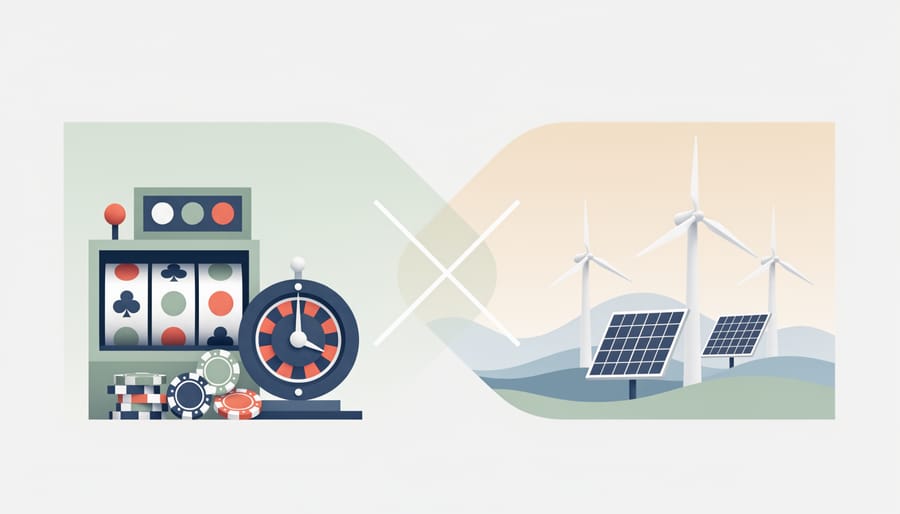 Wind turbine and solar panels under golden hour sunlight representing renewable energy
