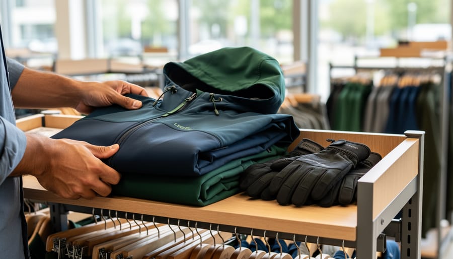 Person’s hands examining a folded outdoor jacket and trail accessories on a clearance rack in an apparel store.