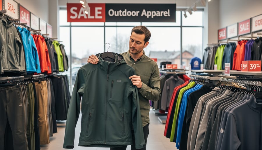 Person’s hands examining a folded outdoor jacket among neatly arranged apparel racks in a store aisle