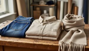 “Slow fashion feature image showing a linen shirt, denim jeans, and wool scarf arranged on a wooden workbench with detailed stitching in soft natural light.”