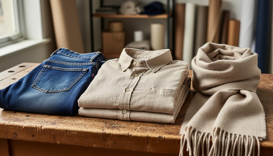 “Slow fashion feature image showing a linen shirt, denim jeans, and wool scarf arranged on a wooden workbench with detailed stitching in soft natural light.”