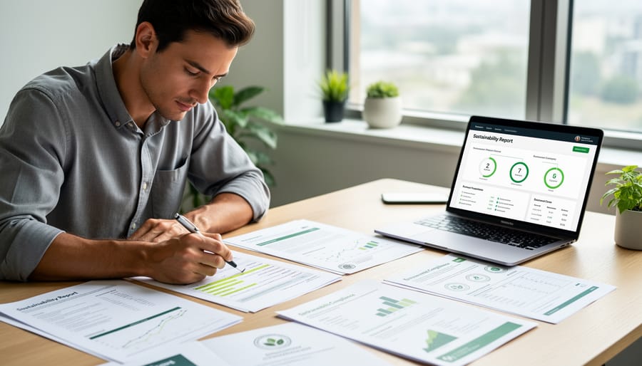 Business owner reviewing sustainability documents at a desk with a laptop and checklist.