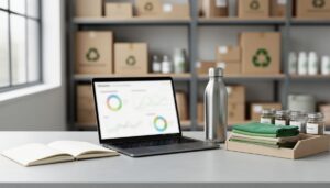 Modern office desk with a laptop showing blurred sustainability visuals, blank notebook pages, and reusable materials symbolizing verifiable sustainable business practices and transparent supply chains.