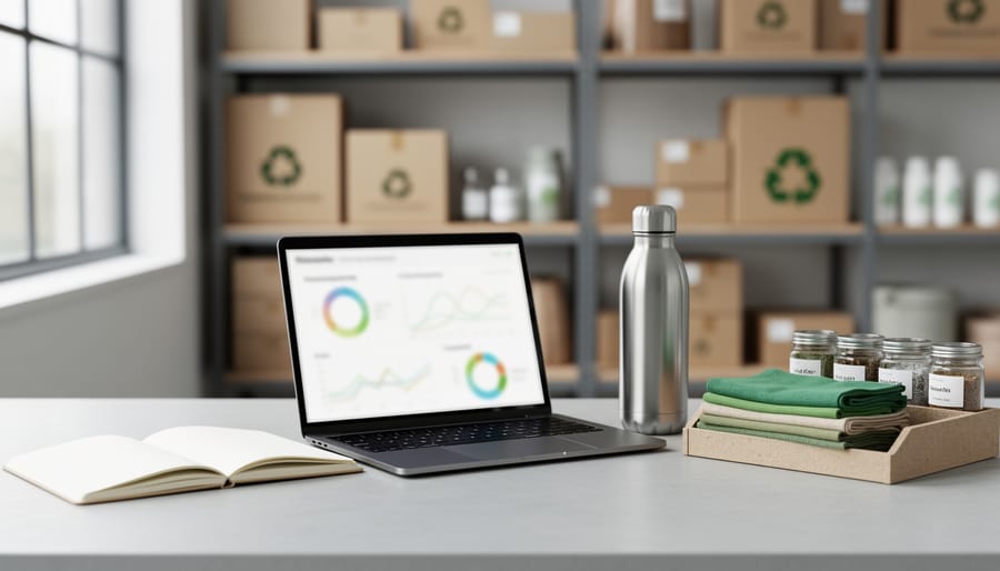 Modern office desk with a laptop showing blurred sustainability visuals, blank notebook pages, and reusable materials symbolizing verifiable sustainable business practices and transparent supply chains.