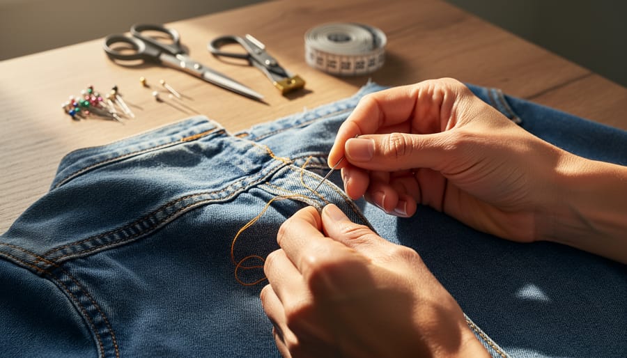Close-up of a tailor’s hands stitching a garment on a sewing workbench