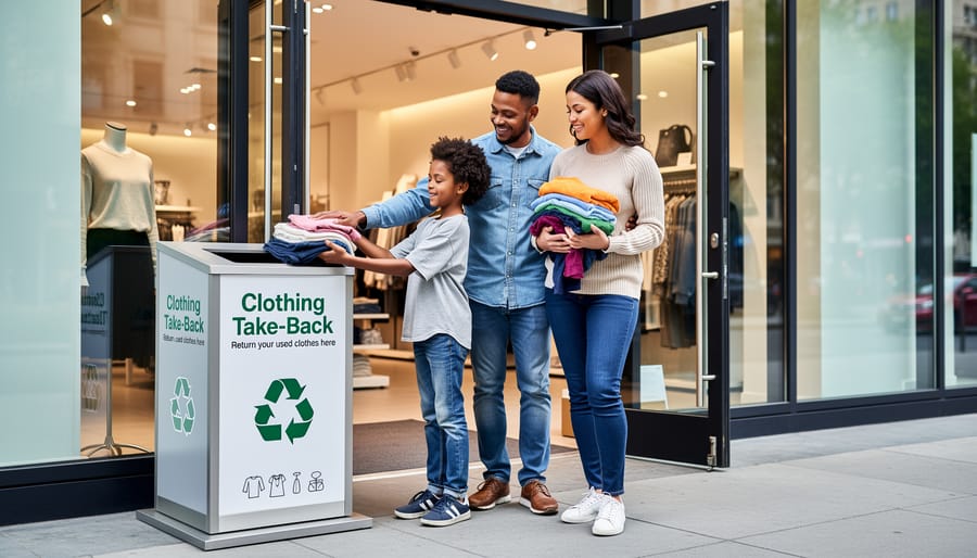 Person placing folded textiles into a collection bin at a modern store entrance for take-back
