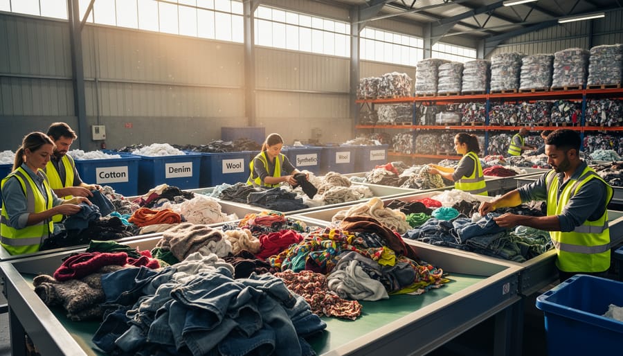 Gloved hands holding assorted clothing fabrics over a textile sorting table in a workshop