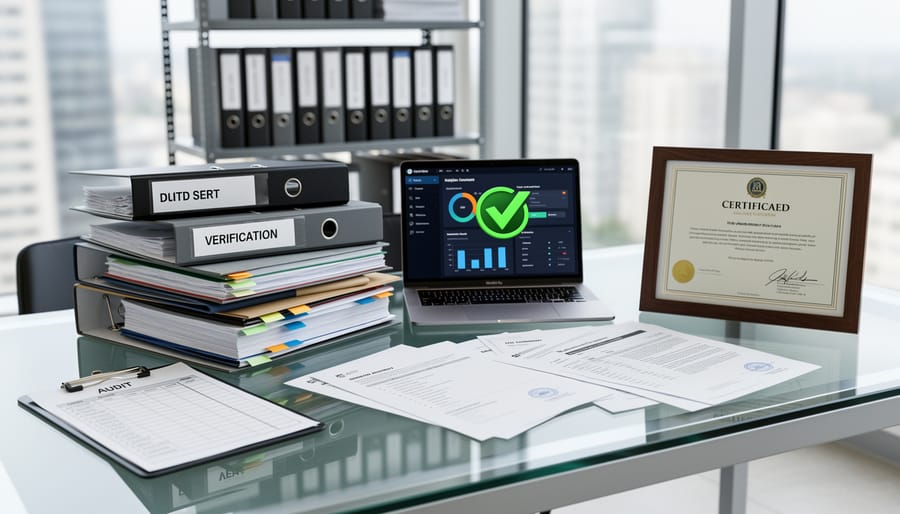 Certification materials and folders on a desk in a production workshop with employees in the background.
