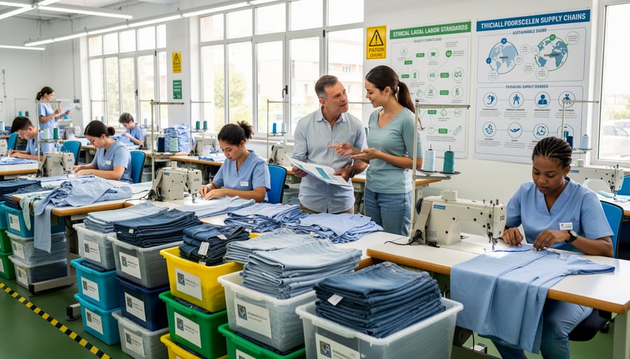 Garment atelier workspace with sewing machine and racks of apparel in daylight