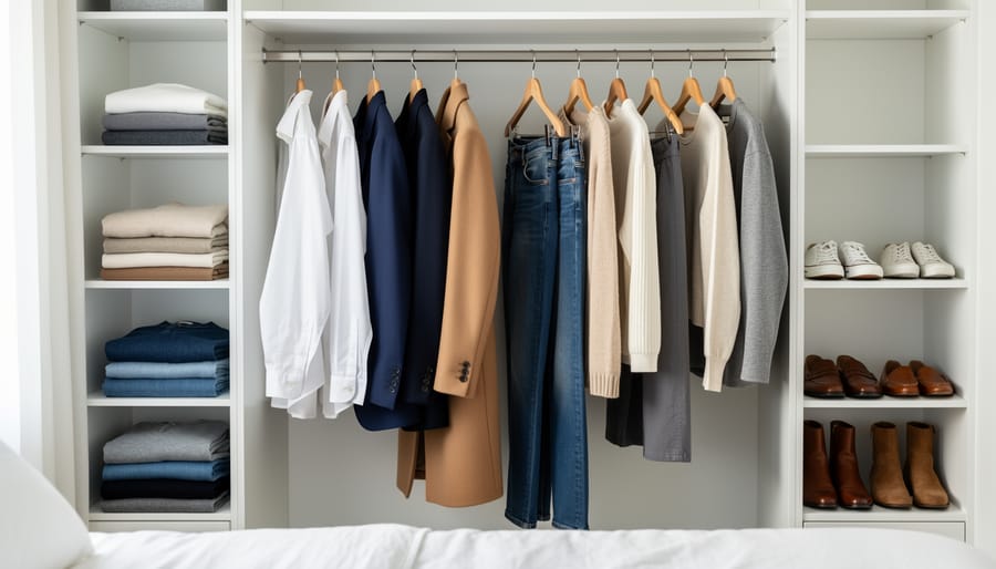 Curated wardrobe display with clothing items on hangers, showing fabric drape and organization.