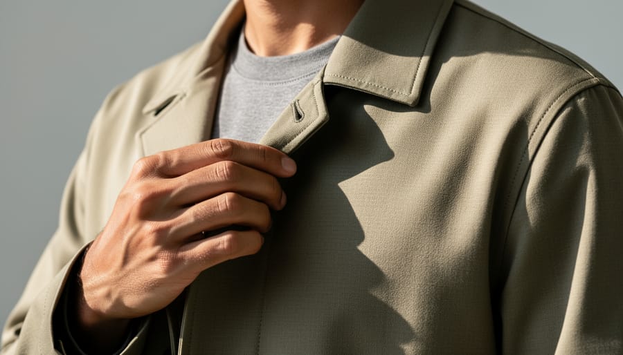 Close-up of a luxury vegan recycled-material jacket showing zipper and detailed stitching
