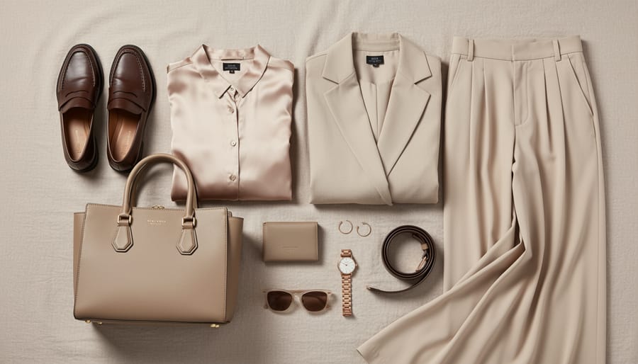 Flat-lay of a timeless luxury vegan outfit with draped cardigan and trousers on a light linen surface