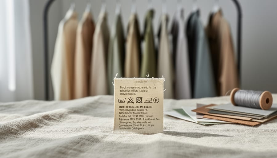 Close-up of a clothing care tag on natural linen fabric with out-of-focus sustainable garments in the background.