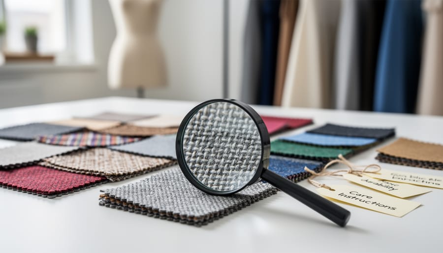 Fabric swatches and a magnifying glass on a tabletop used for inspecting textile texture.