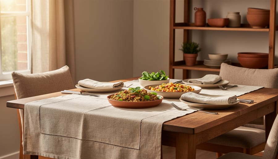 Neatly arranged vegan luxury basics set of tees and leggings on a kitchen table