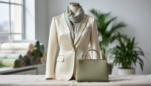 Luxury vegan fashion display with a mannequin wearing a cream tailored jacket and accessories on a linen surface in a modern studio setting.