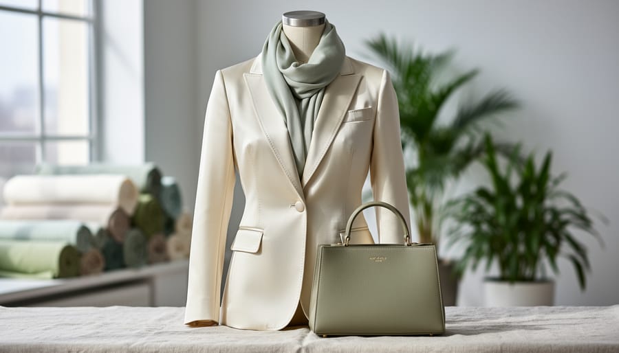 Luxury vegan fashion display with a mannequin wearing a cream tailored jacket and accessories on a linen surface in a modern studio setting.