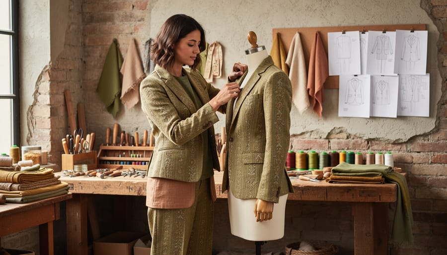 Model wearing an artisan-inspired vegan garment with pattern details in a sunlit workshop