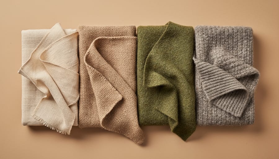 A clothing rack with neatly hung natural-fiber garments showing fabric textures in soft daylight.