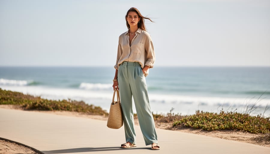 Model wearing a luxury vegan coastal outfit near ocean waves during golden hour