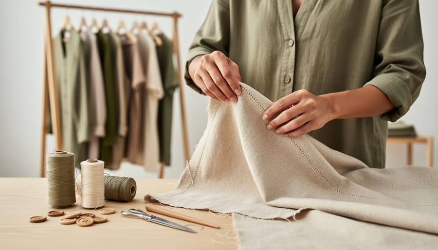 Close-up of hands folding a vegan luxury garment with visible fabric texture and stitching