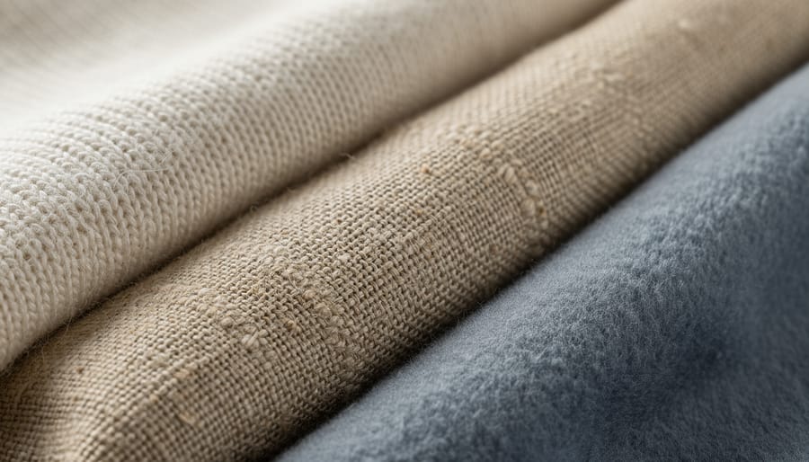 Close-up of hands inspecting plant-based fabric swatches on a neutral tabletop