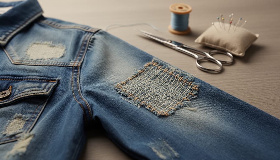 Person holding a repaired denim jacket with visible mending stitches in an everyday outdoor setting.