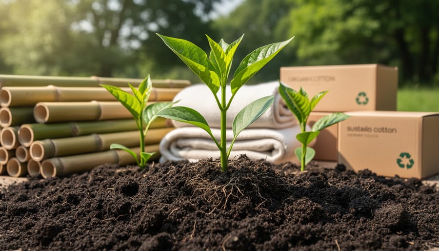 Macro view of nutrient-rich soil with earthworms and a sprig of green plants next to a textured plant-based fabric piece.
