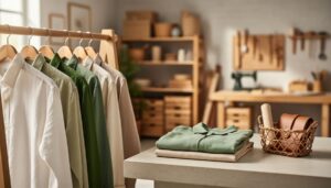 Neatly arranged natural-fabric clothing on a wooden rack with folded garments and accessories in a sunlit, minimalist workspace setting.