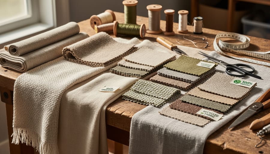 Assorted sustainable textiles and garments laid out on a linen workbench showing natural fabric textures.