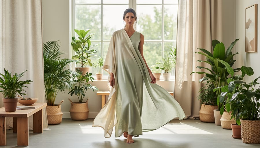 Model wearing an elegant vegan dress with natural-fiber texture in a light-filled indoor space