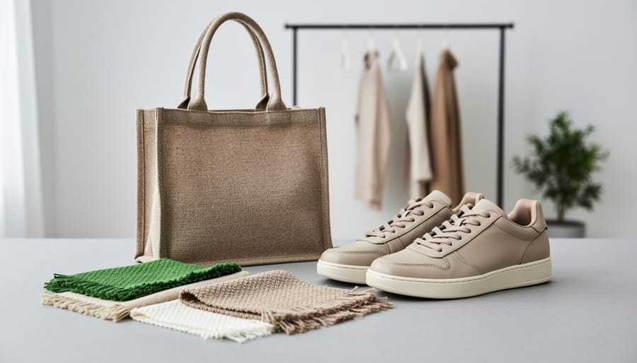 Vegan fashion still life with plant-based fabric swatches, a reclaimed-fiber tote, and vegan sneakers on a light studio background.