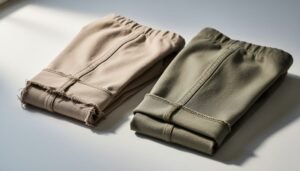 Two garments—one worn and one new—laid side-by-side on a studio surface to suggest evaluating fashion choices for sustainability.