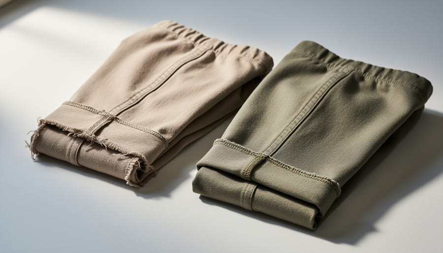 Two garments—one worn and one new—laid side-by-side on a studio surface to suggest evaluating fashion choices for sustainability.