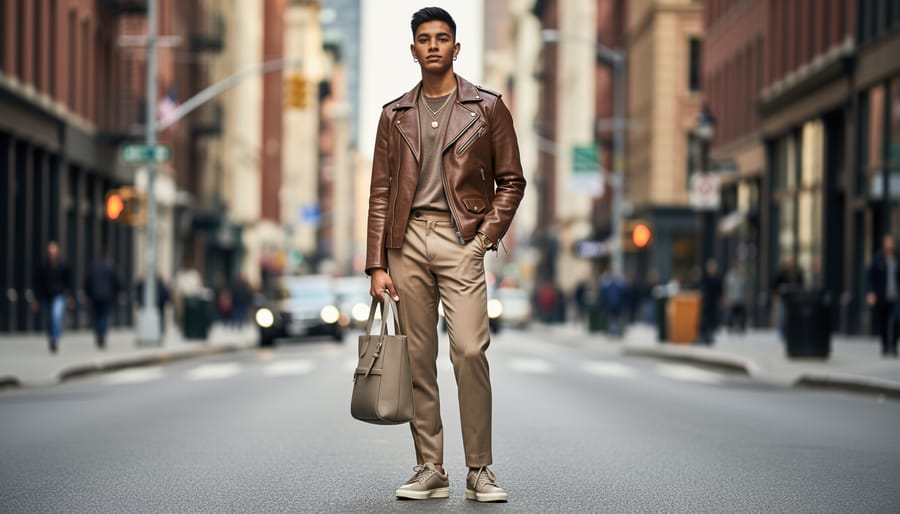 A model wearing an earth-toned vegan leather jacket and accessories outdoors